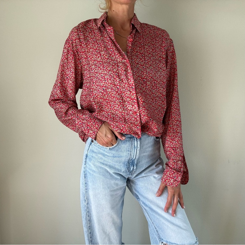 Bhagkem 100% Silk Red Floral Button Down Shirt Women’s Size M - Picture 10 of 11